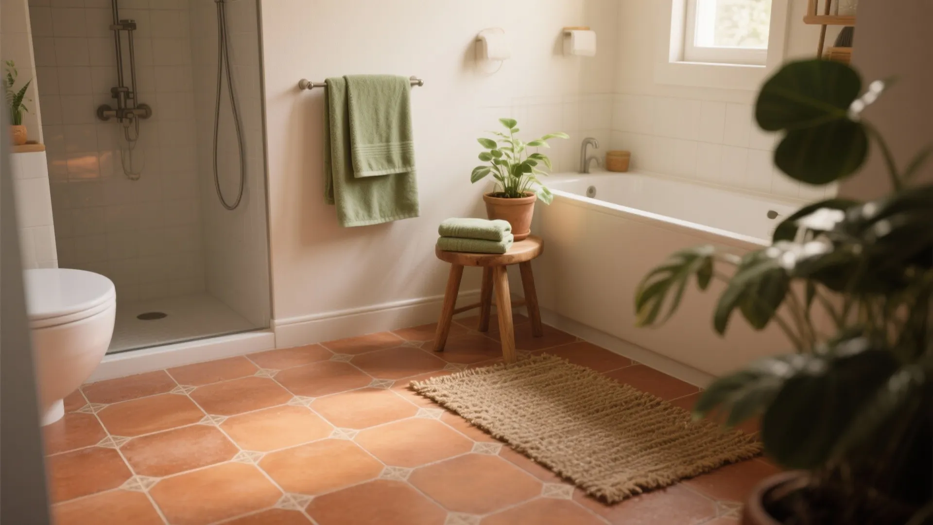 3. Terracotta floor + green accents