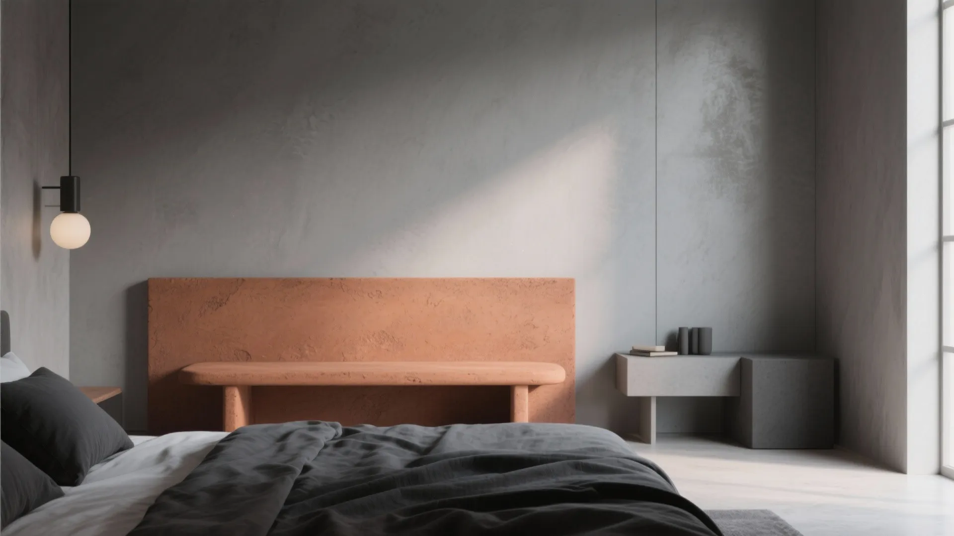 Minimalist bedroom featuring grey walls, terracotta bench, dark grey bedding, and round black wall light