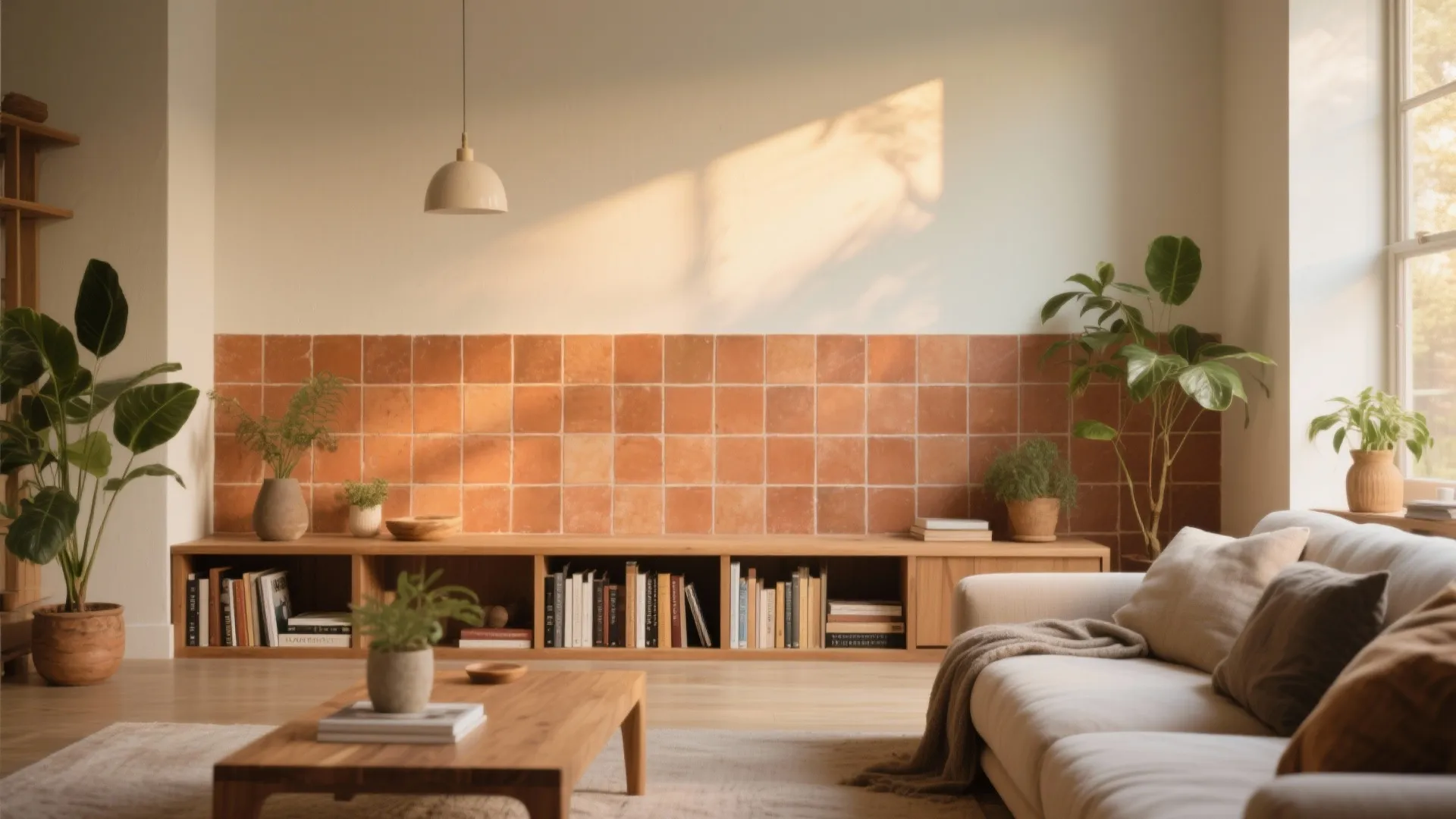 Warm terracotta or clay tiles for a grounded, biophilic vibe
