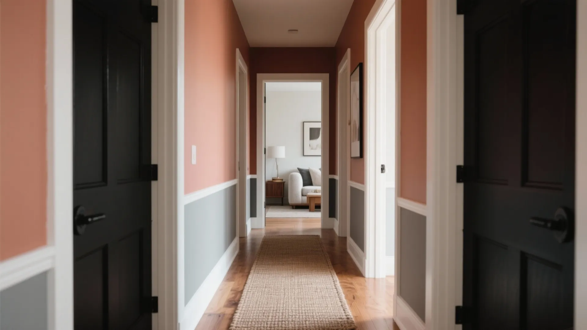 Orange hallway with grey wall panel and black doors leading to a bright living room