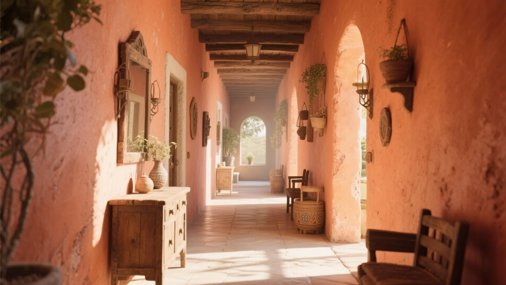 Rustic hallway with terracotta walls featuring wooden ceiling beams a small cabinet and warm sunlight