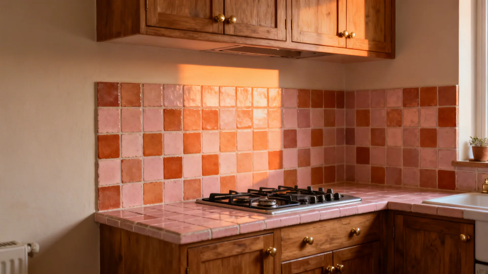 Warm terracotta handmade-look 100x100 mm square backsplash paired with wood cabinets and brass.