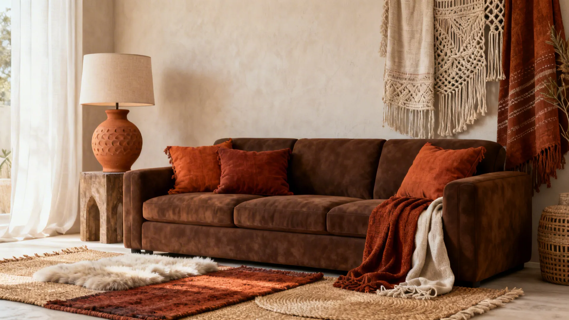 Brown sofa with terracotta and rust cushions, clay lamp and textured rugs