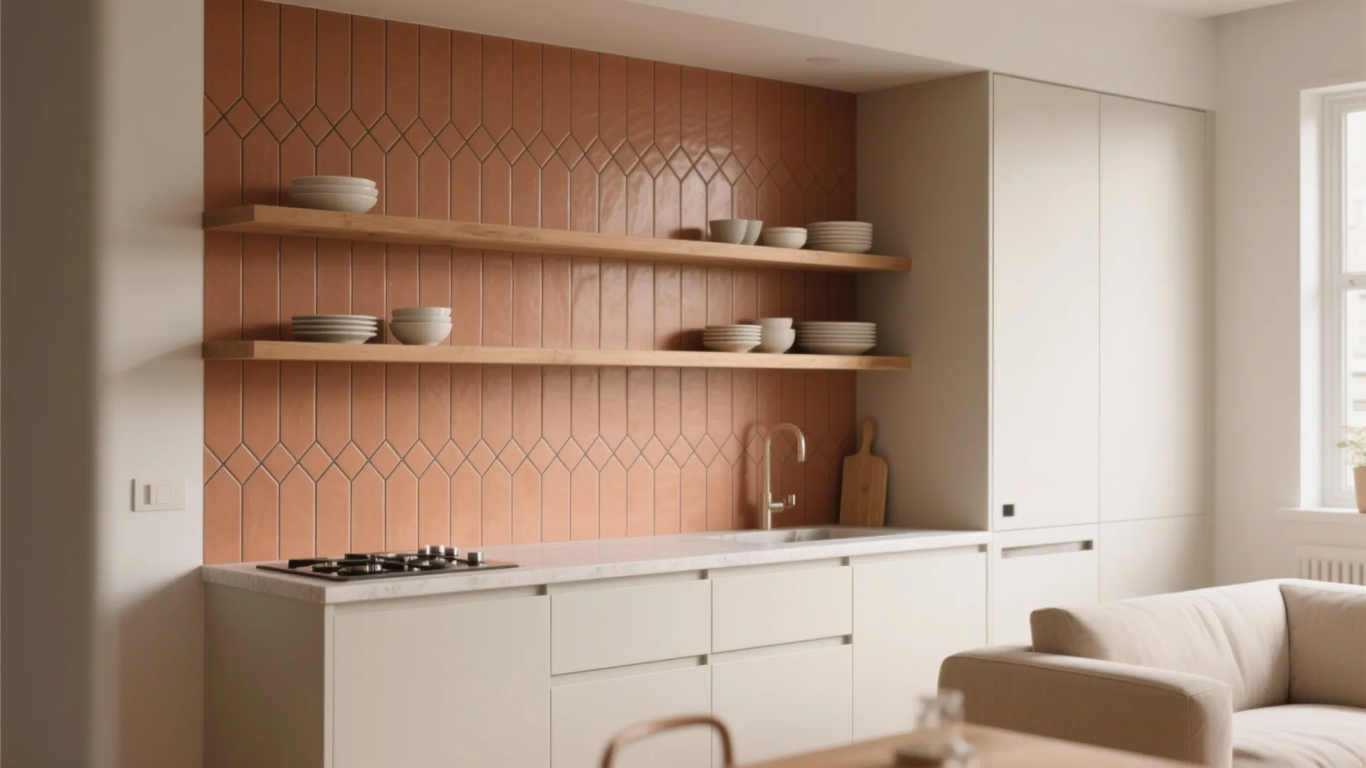 Modern kitchen featuring terracotta wall tiles white cabinets wooden open shelves and a small water sink