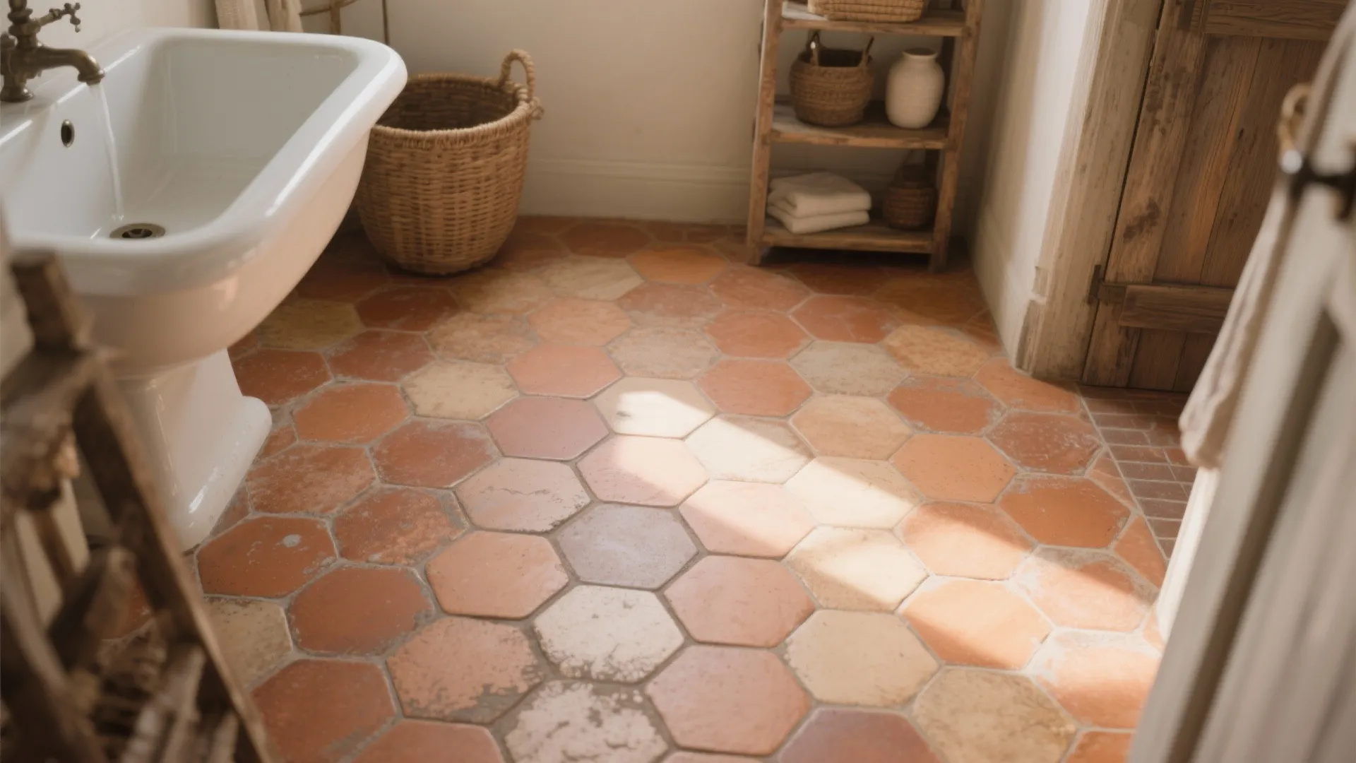 Rustic bathroom featuring white sink wooden storage shelf wicker basket and hexagonal terracotta floor tile
