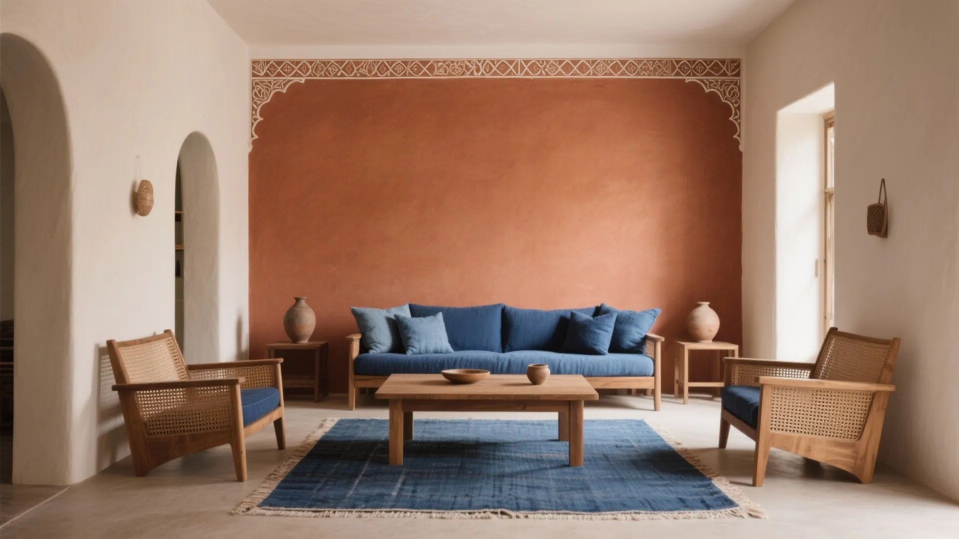 Living room featuring orange wall blue sofa wooden coffee table and two woven wood chairs