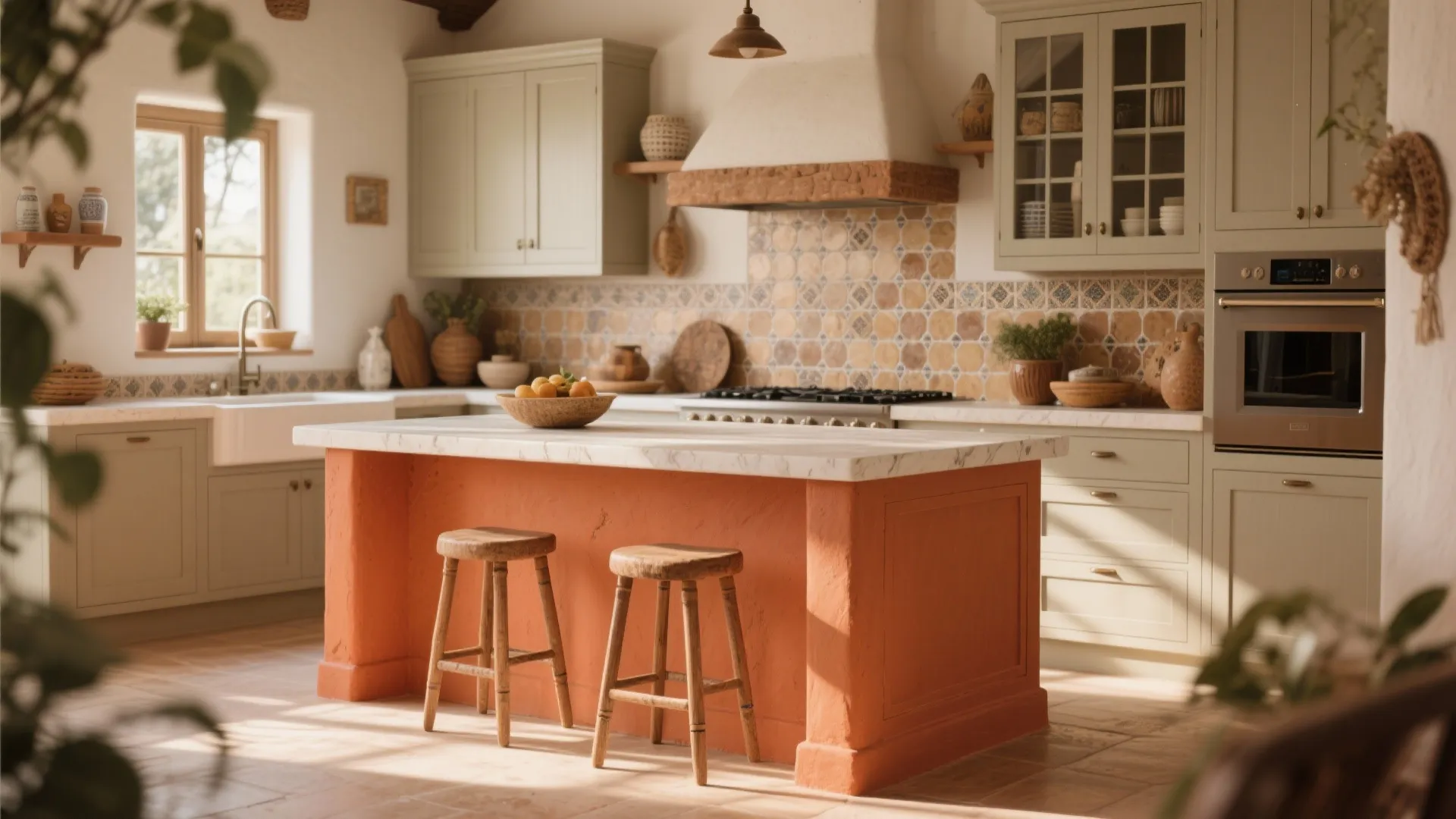 Rustic kitchen with orange island green cabinets patterned tile backsplash wooden stools and warm light
