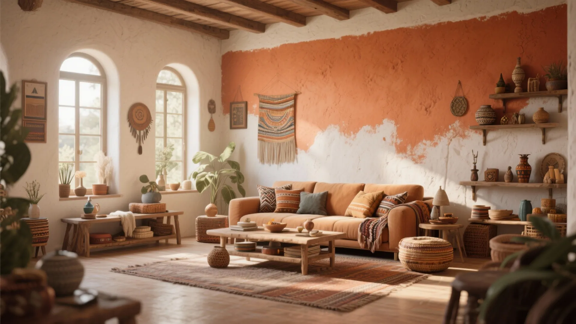 Bohemian living room with orange sofa and rustic wooden table under a beam ceiling design