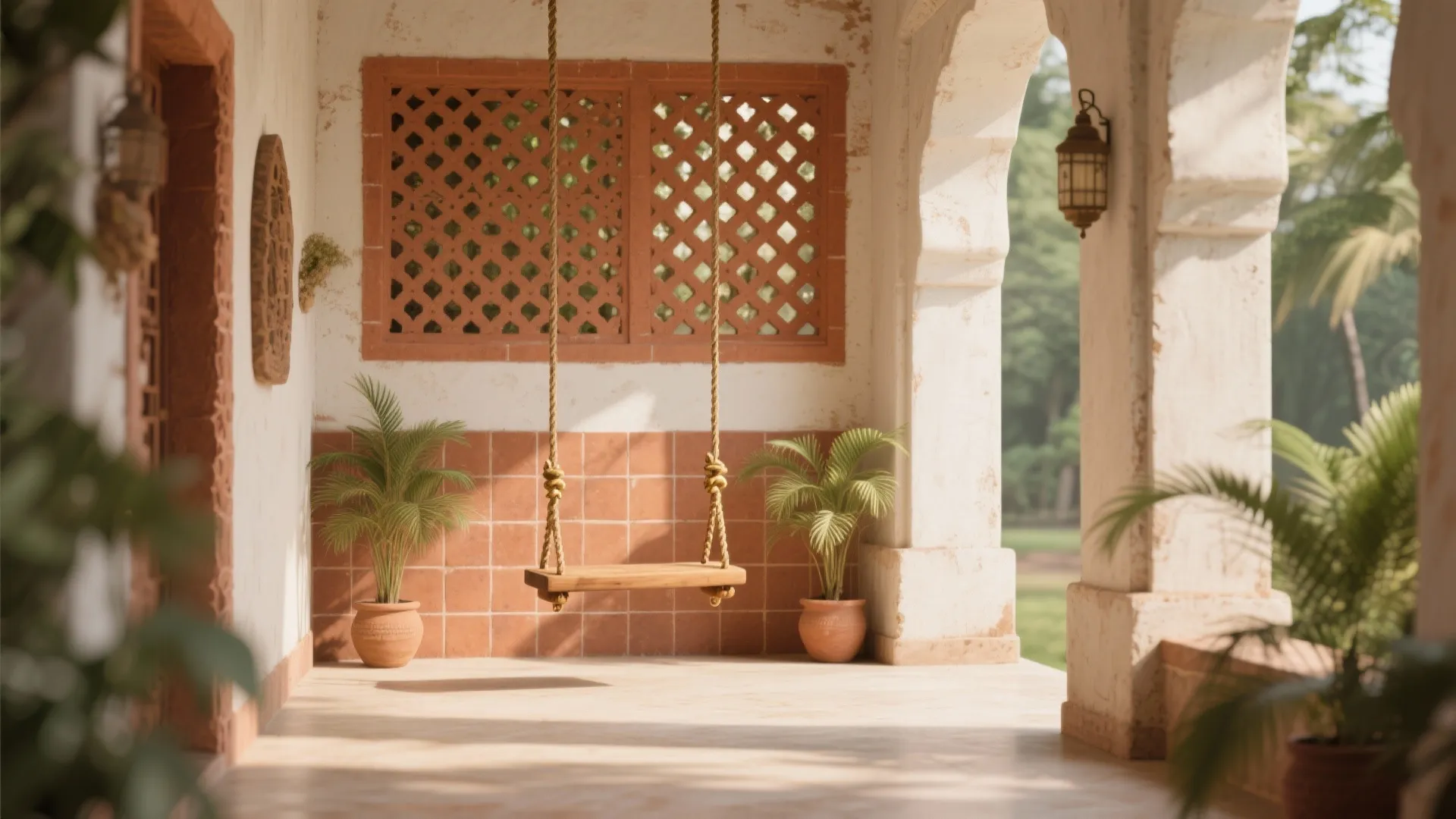 Outdoor patio with wooden hanging swing and terracotta wall panels plus potted green plants and pillars