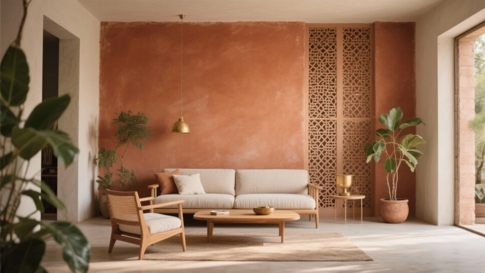 2) Earthy Terracotta Accent Wall with Jaali Zoning