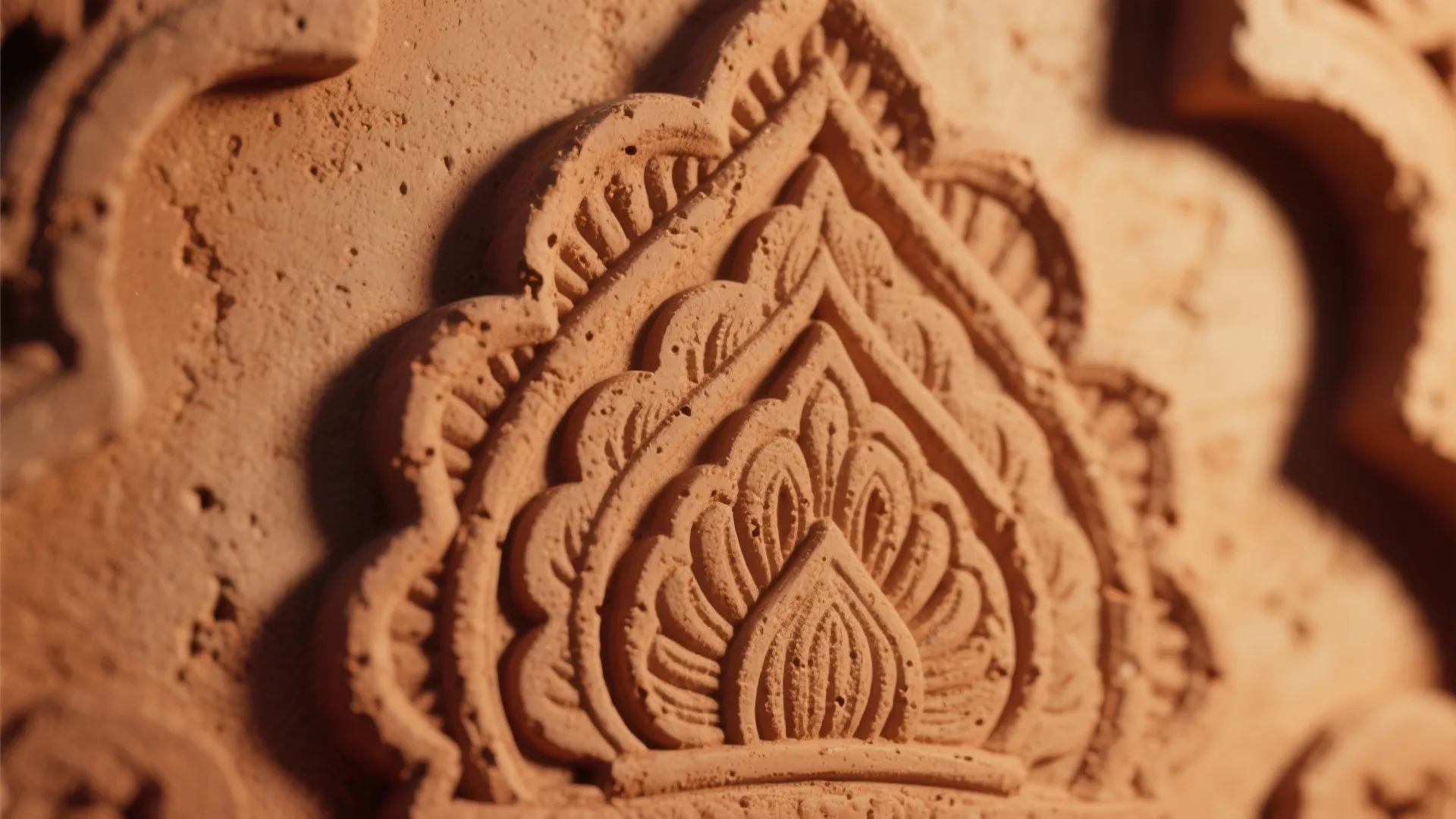 Detailed close up of a brown clay wall with floral pattern carved into the surface