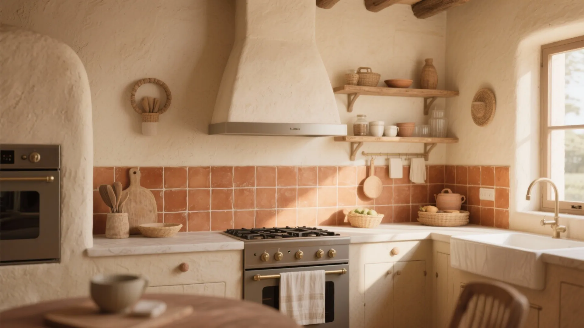 Rustic kitchen with terracotta tiles white plaster walls wooden shelves and a large white hood