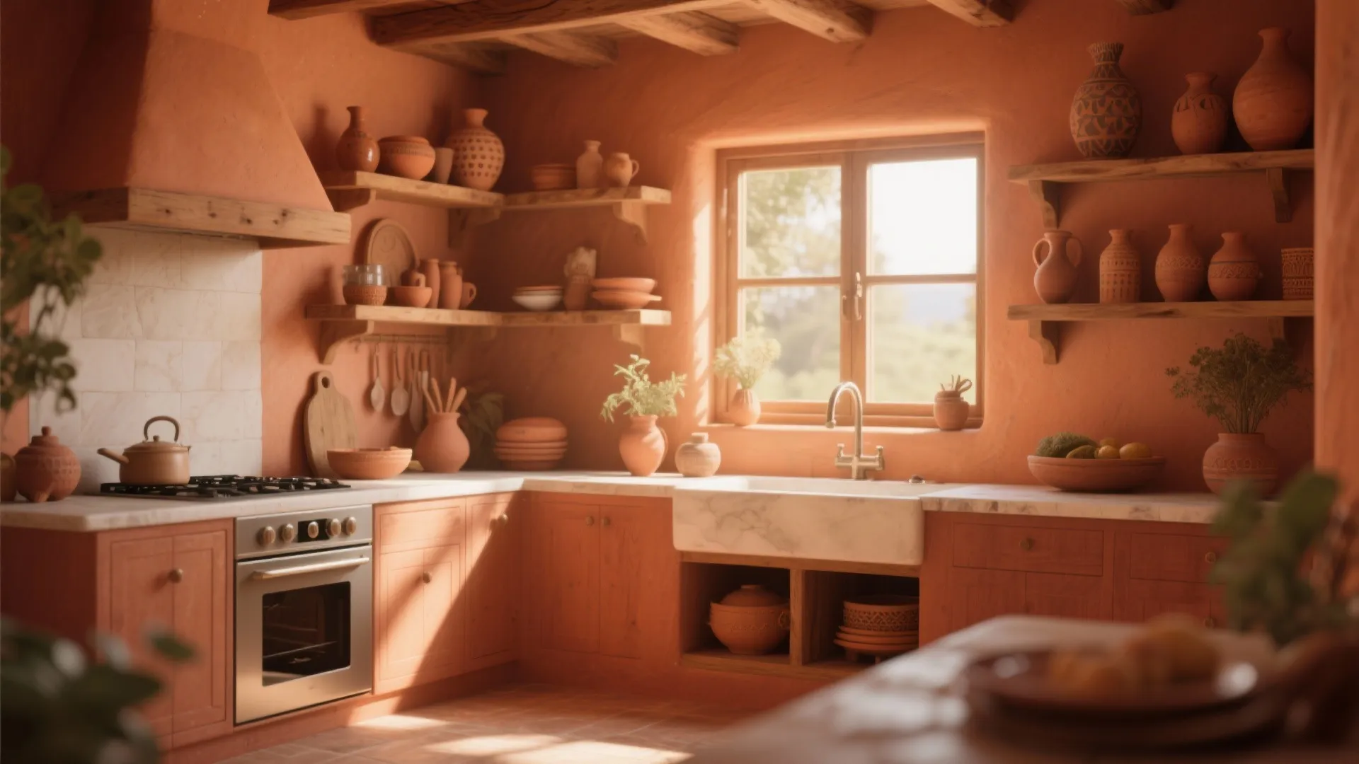 Rustic terracotta kitchen design featuring clay pots on open wooden shelves with a white sink