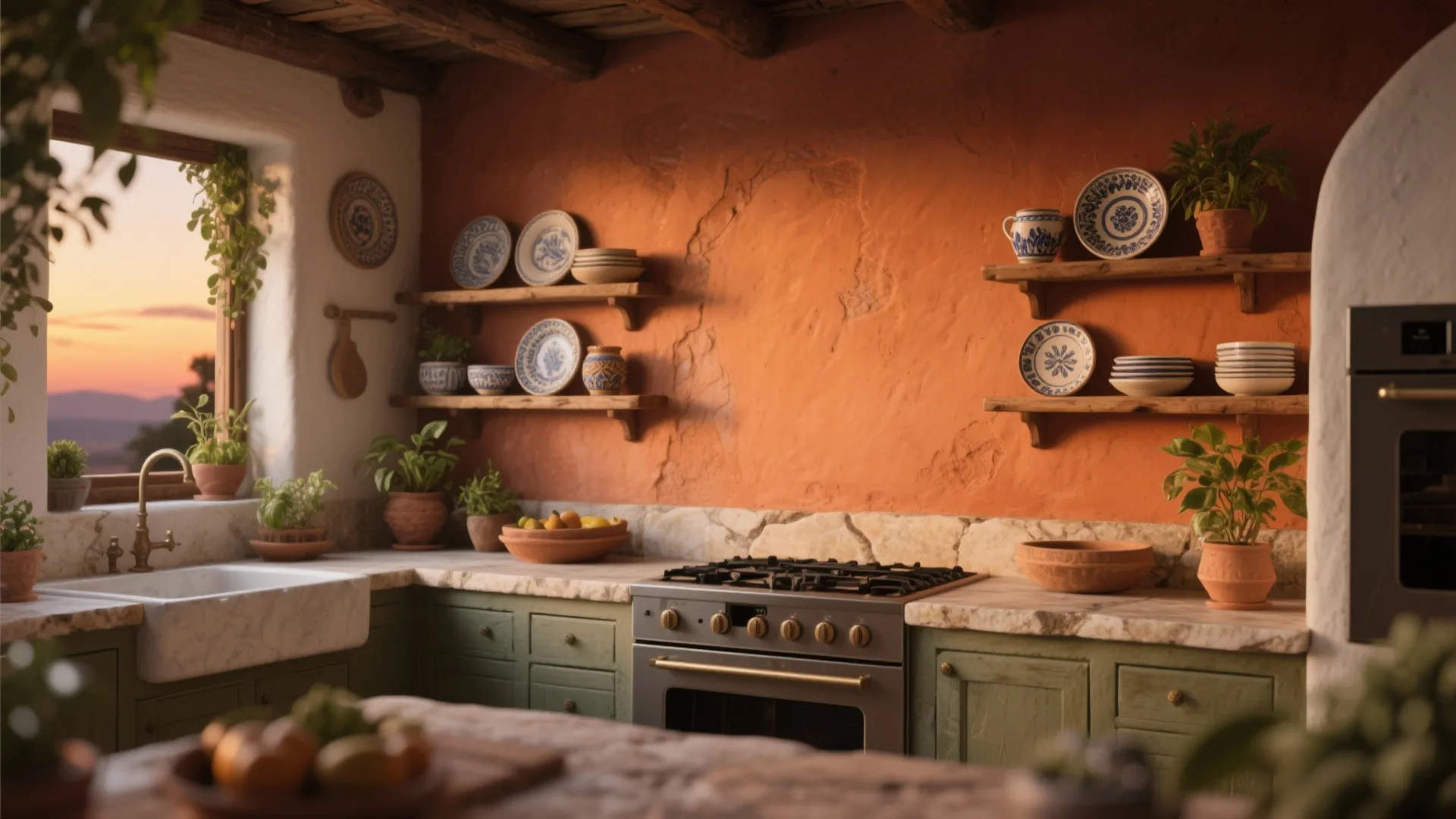 Rustic kitchen with orange plaster walls green cabinets wooden shelves decorative plates and a large window