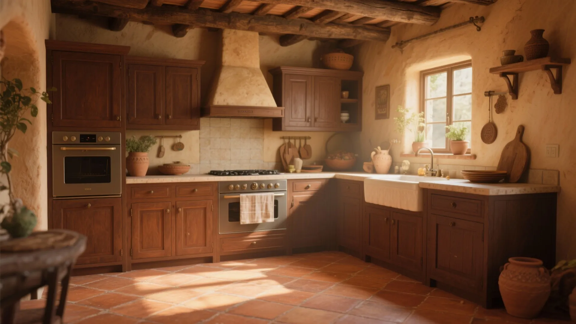 Rustic kitchen with dark wood cabinets terracotta floor tiles wooden ceiling beams and natural window light