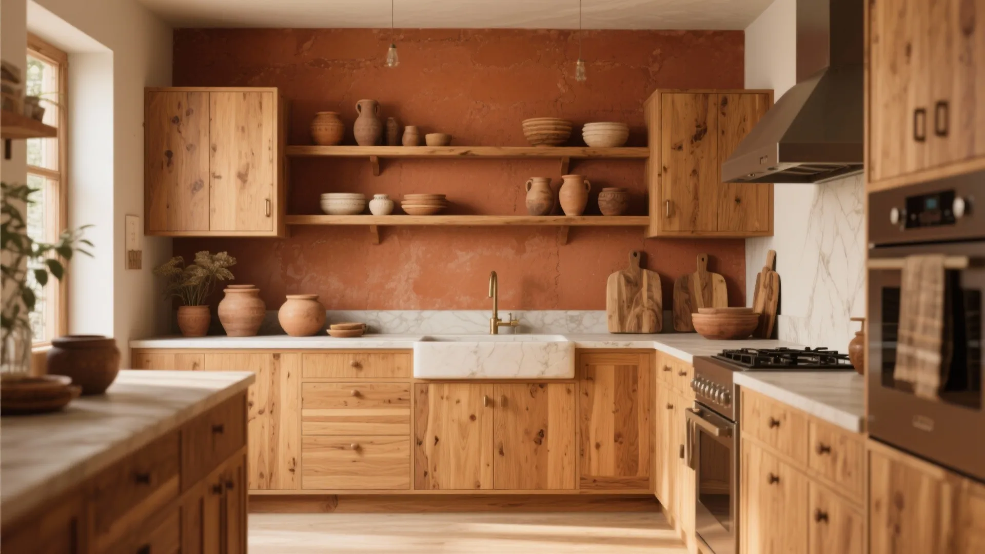 Beech kitchen with terracotta accent wall behind open shelving