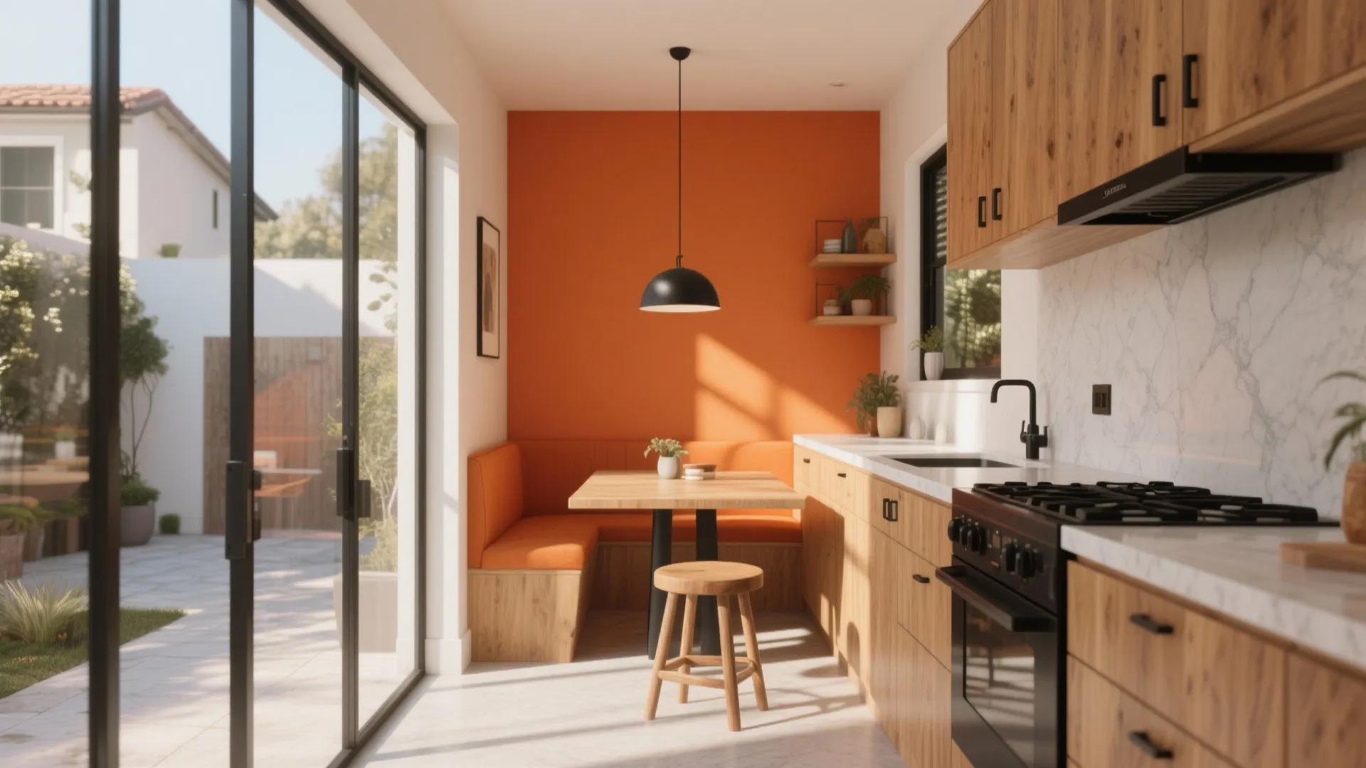Modern kitchen with orange wall and wooden cabinets including small dining table plus black ceiling light
