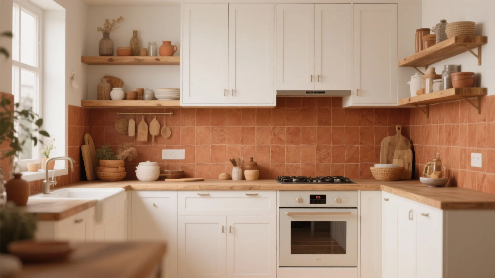Kitchen with white cabinets and warm terracotta backsplash and accents