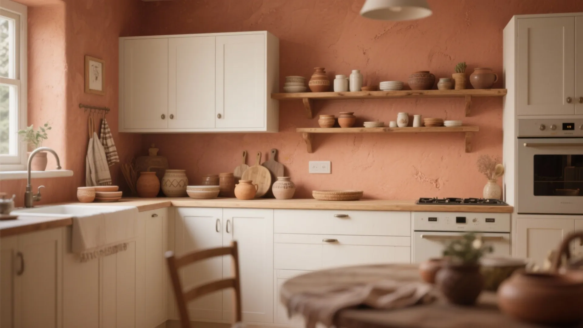 Warm terracotta kitchen with white cabinets wooden counters open shelving and many clay pottery pots