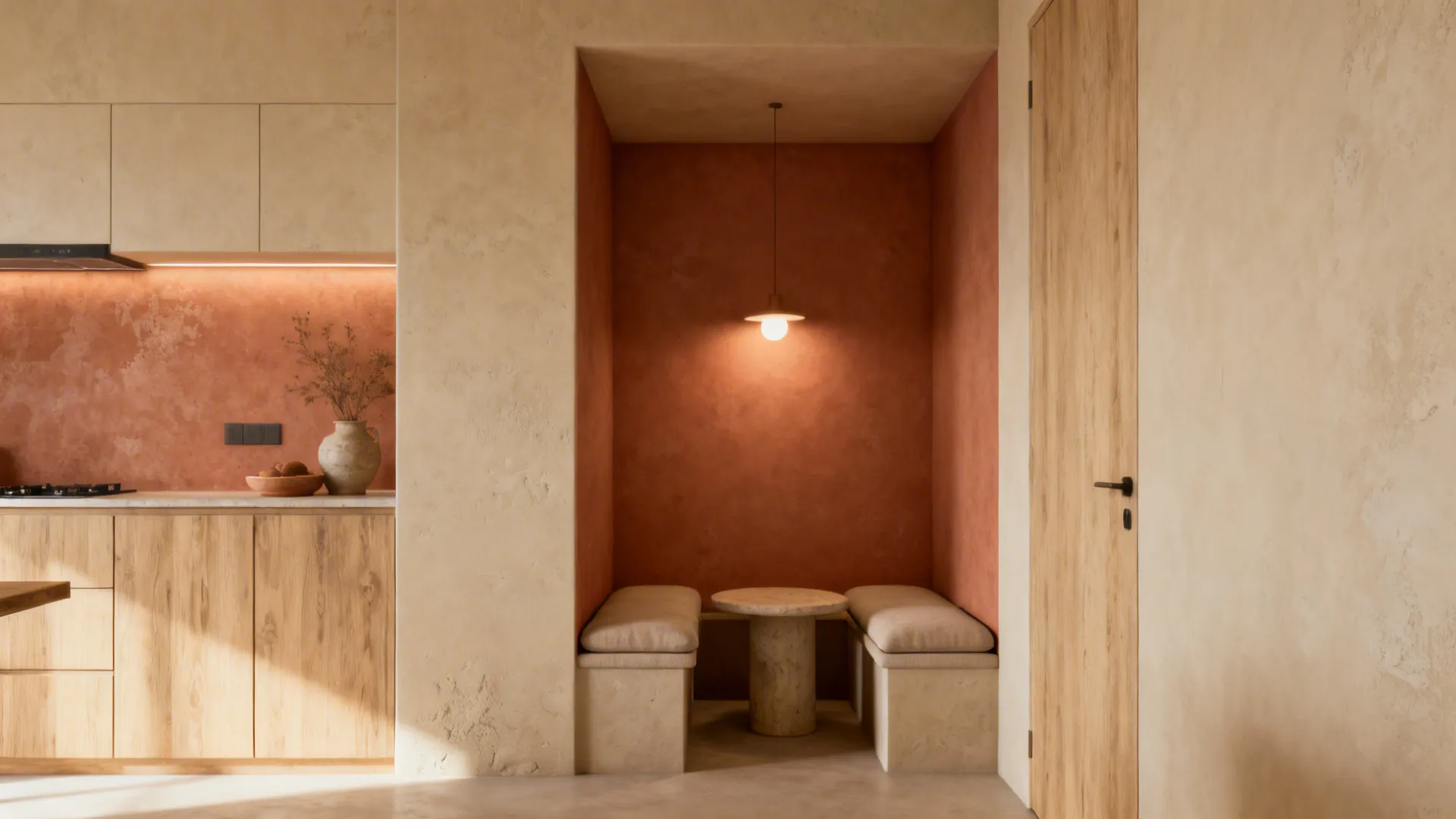 Modern kitchen featuring terracotta walls, wooden cabinets, small dining booth, stone table, and ceiling light
