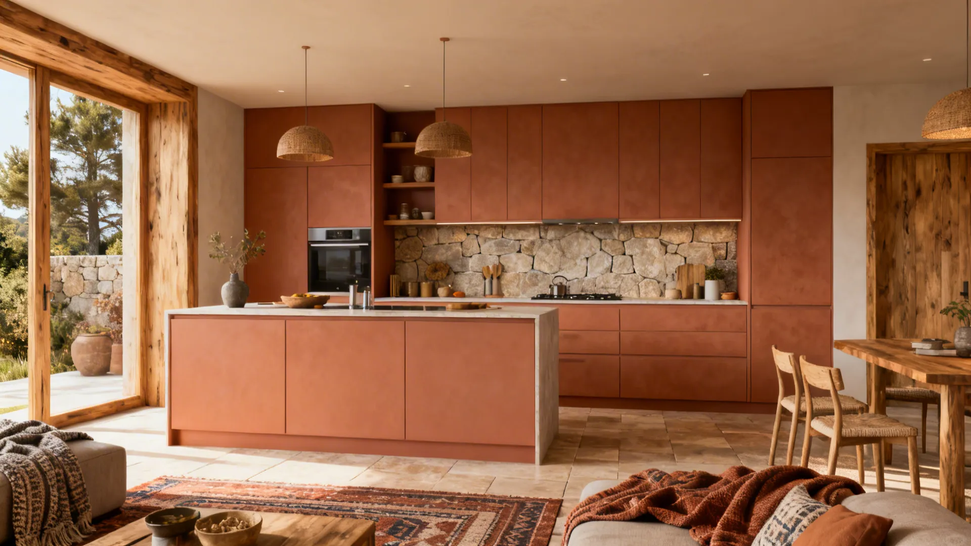 Open-plan kitchen with warm terracotta cabinets, wood accents and stone backsplash.
