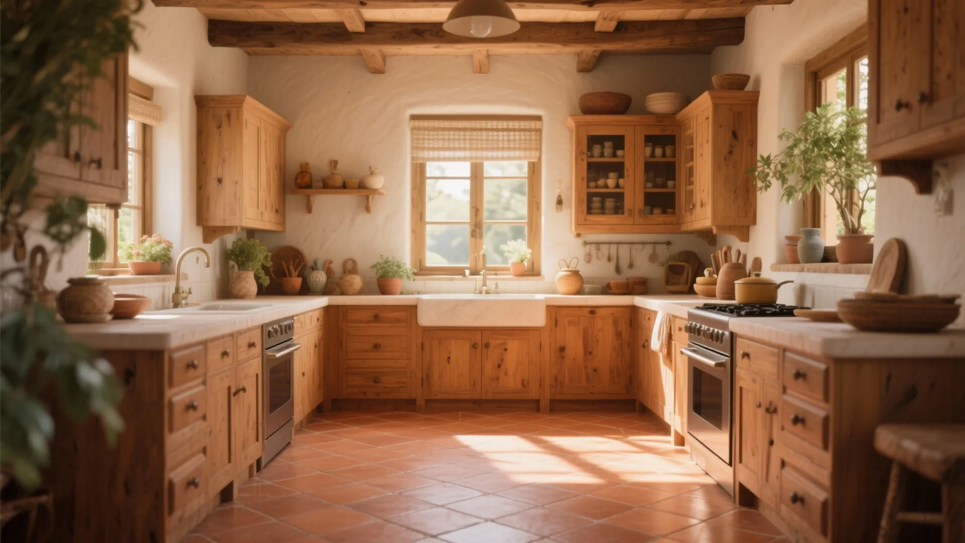 Rustic kitchen with wooden cabinets and terracotta floor tiles under wood beams and natural light