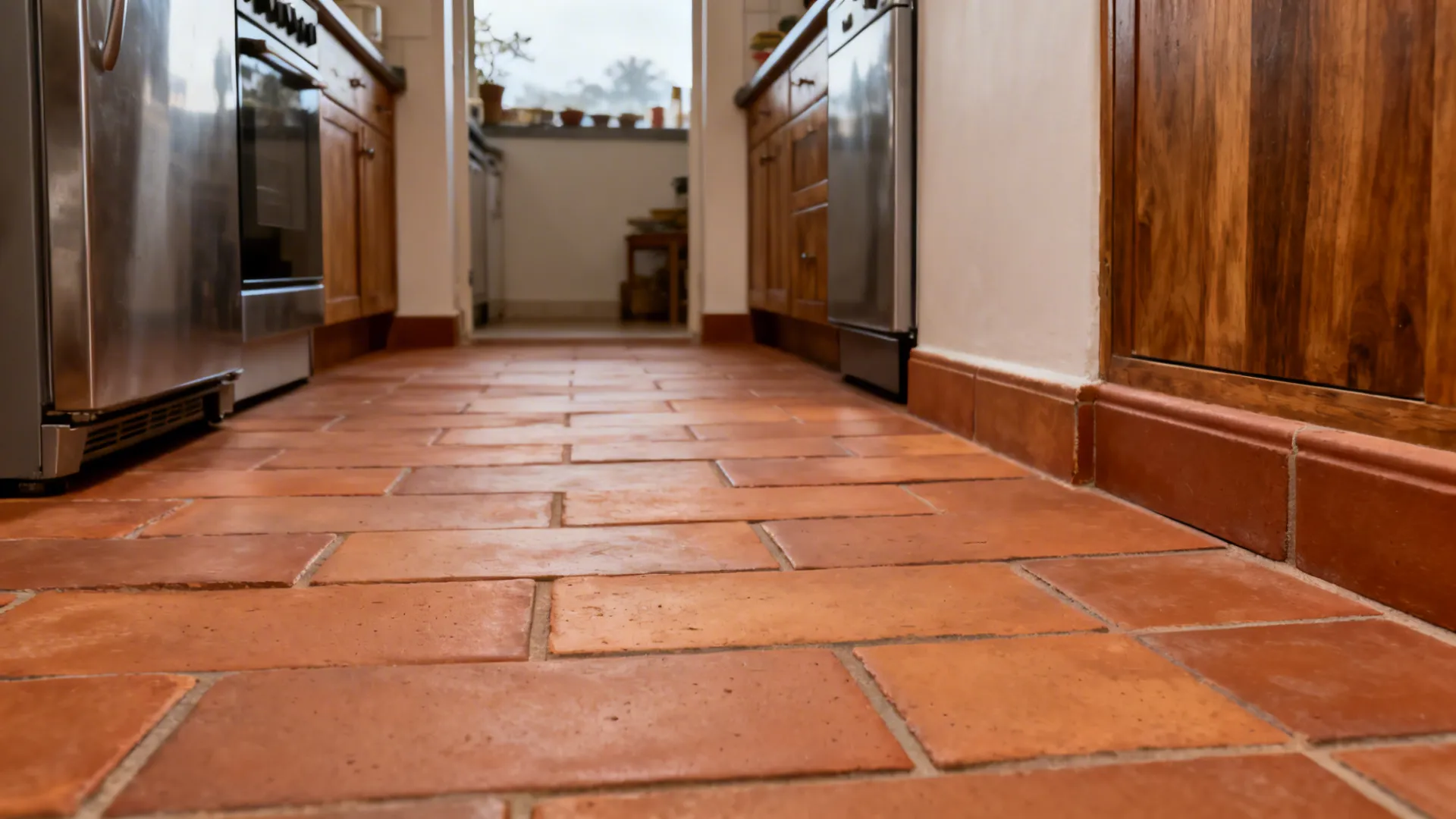 Warm matte terracotta tile floor with natural variation in a compact Indian kitchen.