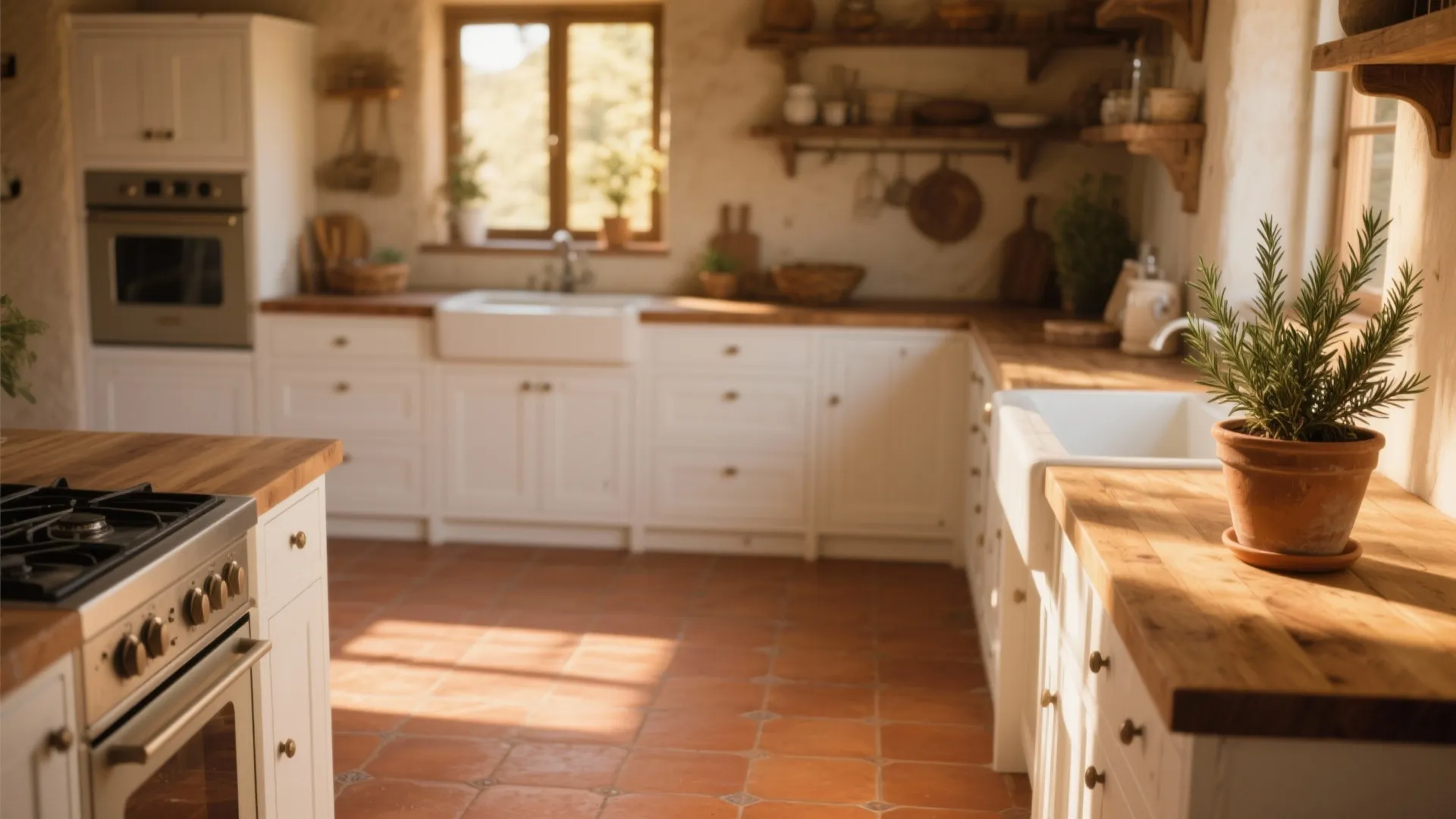 Kitchen floor with warm terracotta tiles and white cabinetry