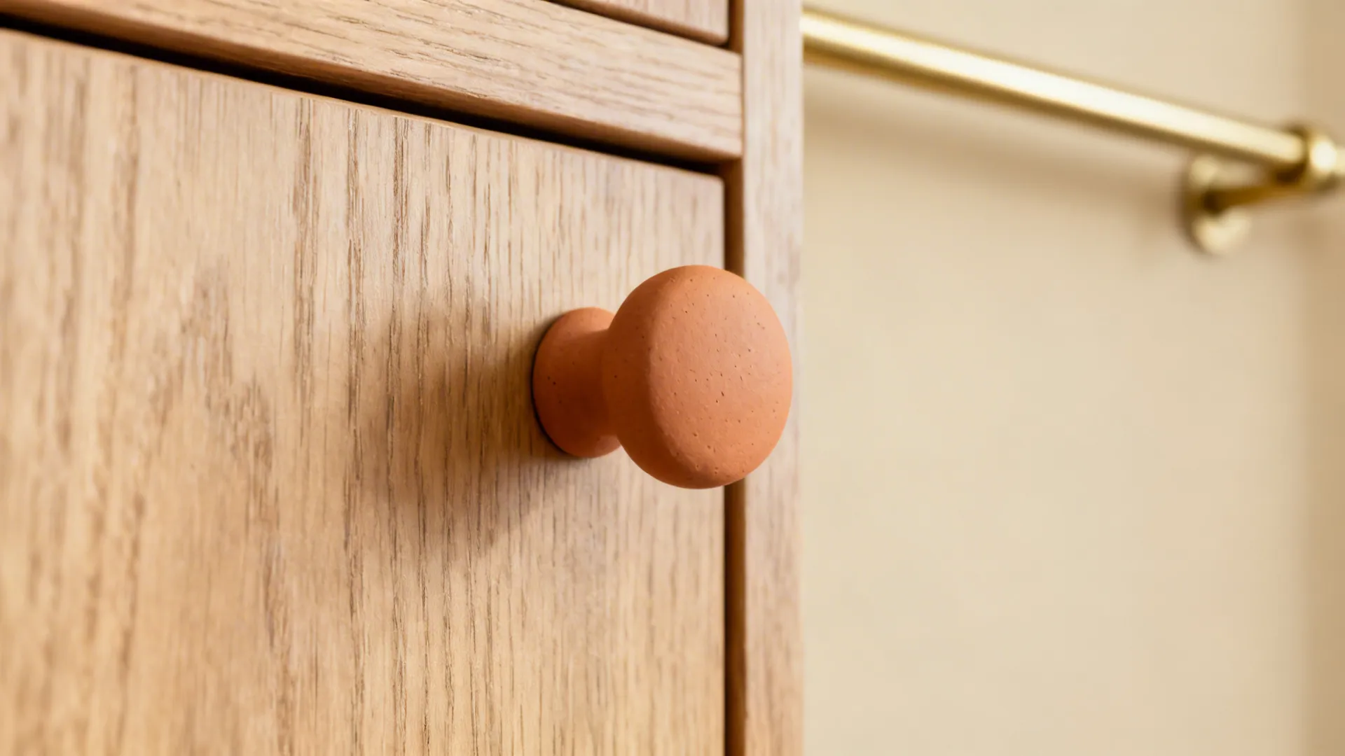 Macro of a matte terracotta knob on a light oak cabinet with creamy beige wall.