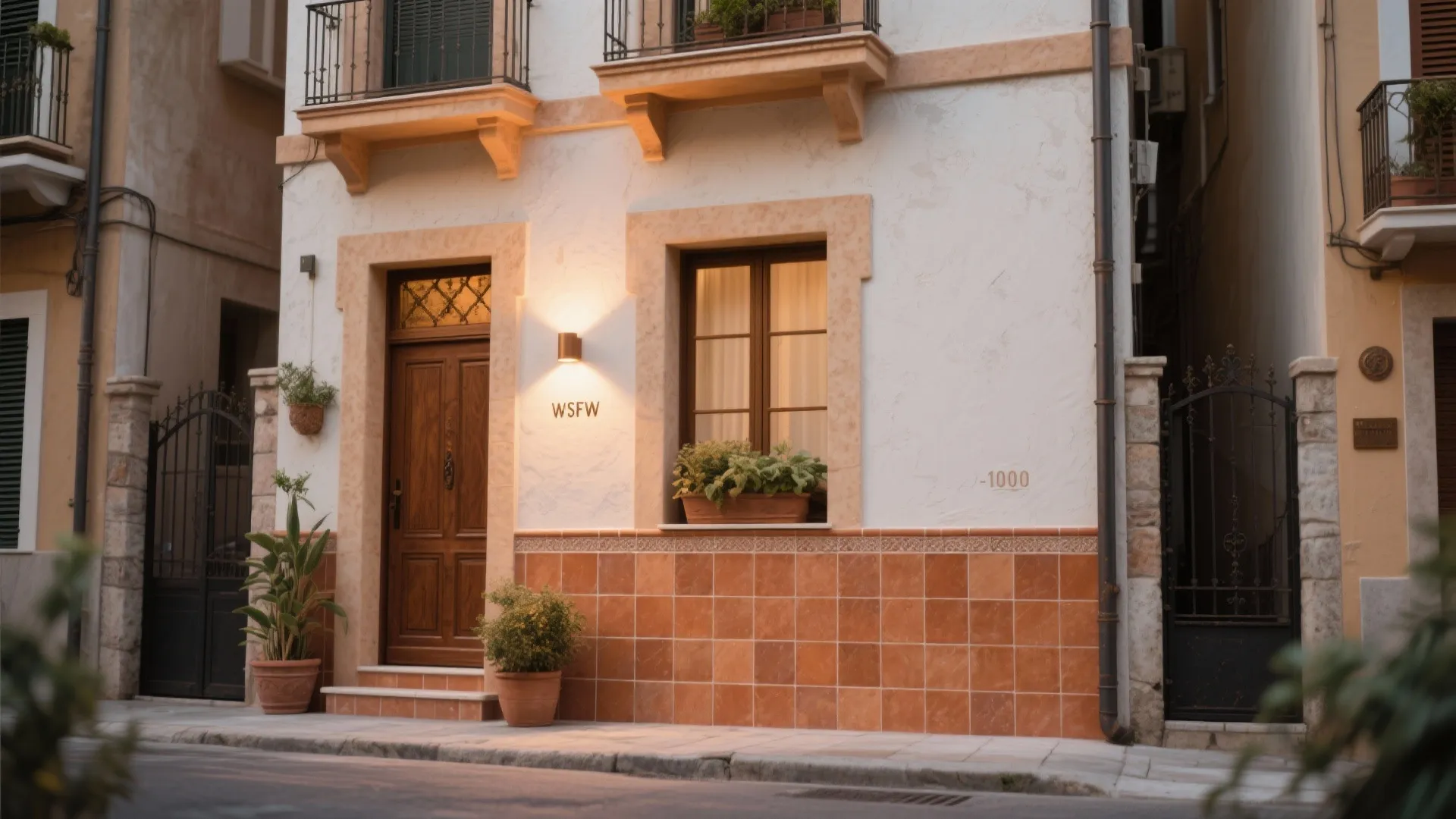 European building facade featuring white walls orange tiles wooden door windows and small potted plants