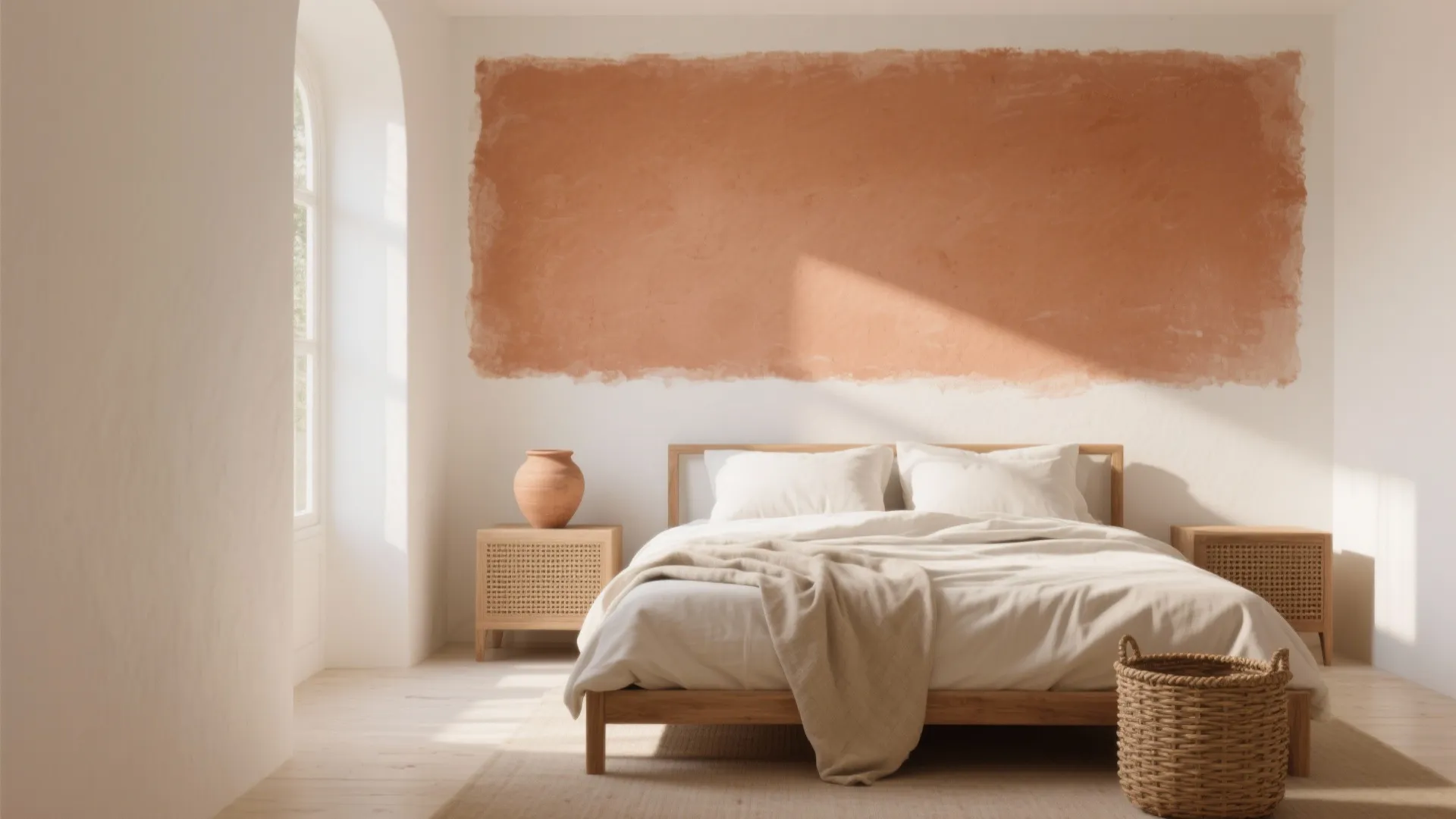 Minimalist bedroom featuring large terracotta wall painting with wooden bed and a small woven basket
