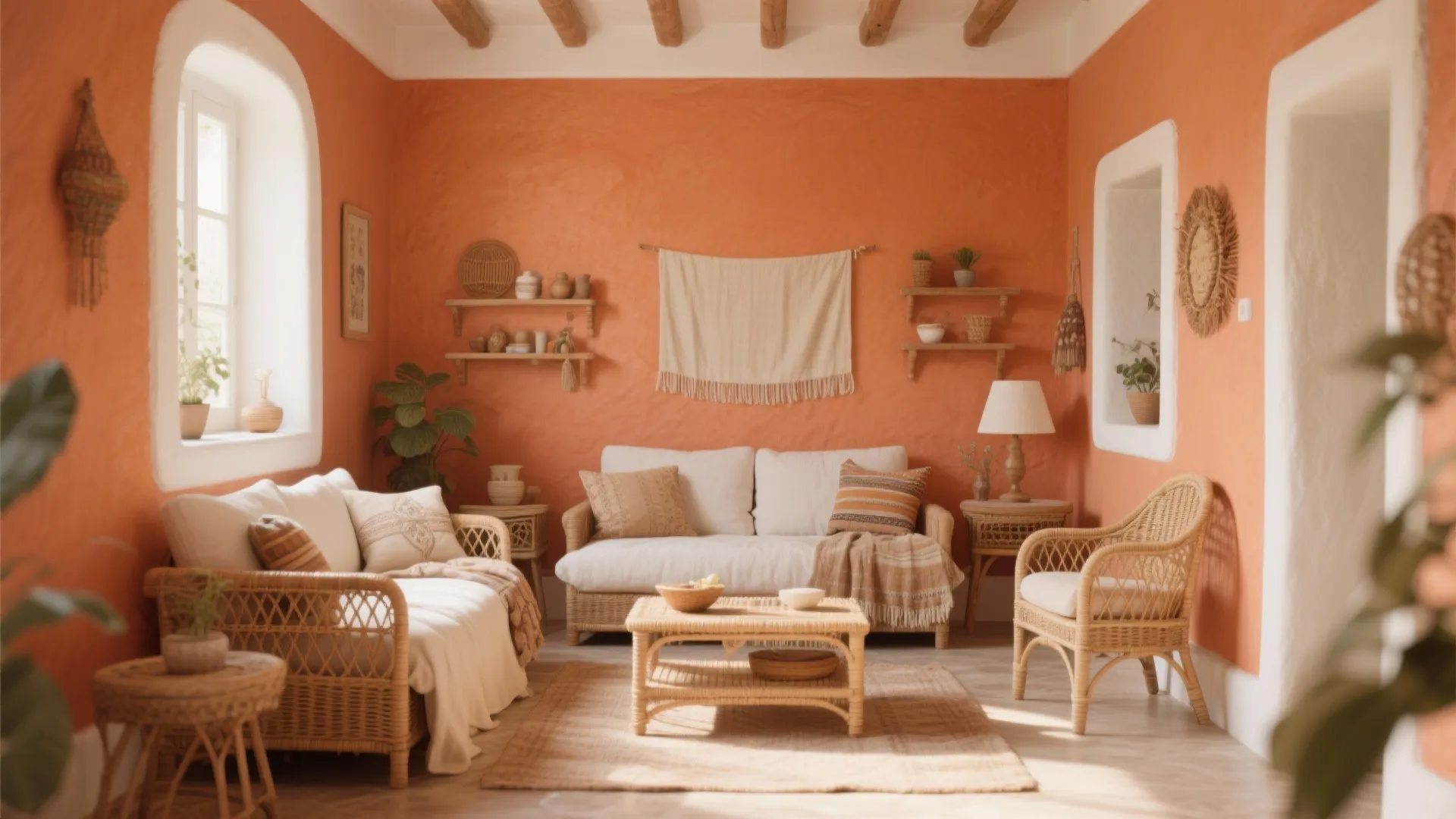 Bohemian living room with orange terracotta walls, wicker furniture, white sofa, and natural wood accents