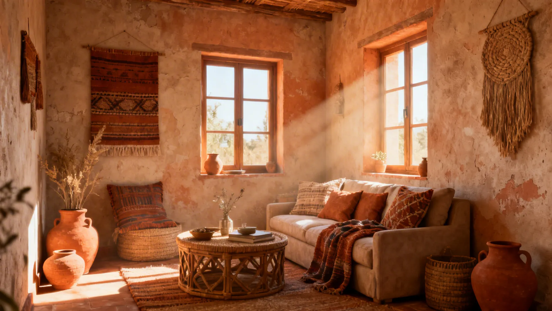 Bohemian living room with terracotta walls wooden windows beige sofa and warm natural sunlight effect