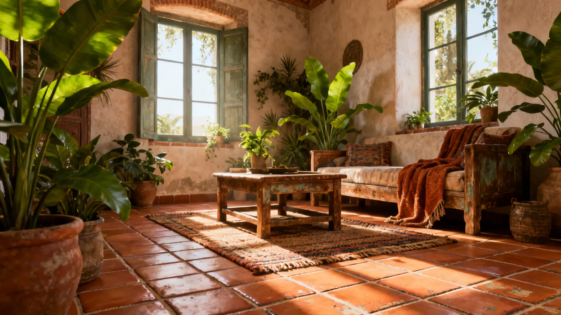 Cozy living room with terracotta tiles, plants and vintage furniture in warm light.