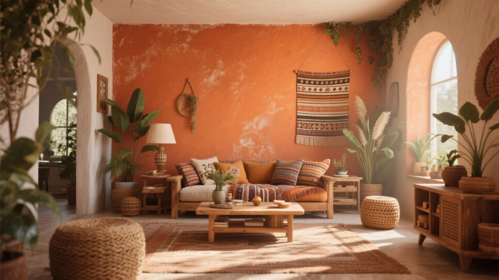 Bohemian living room with orange wall wooden sofa patterned rug many green plants and arched window