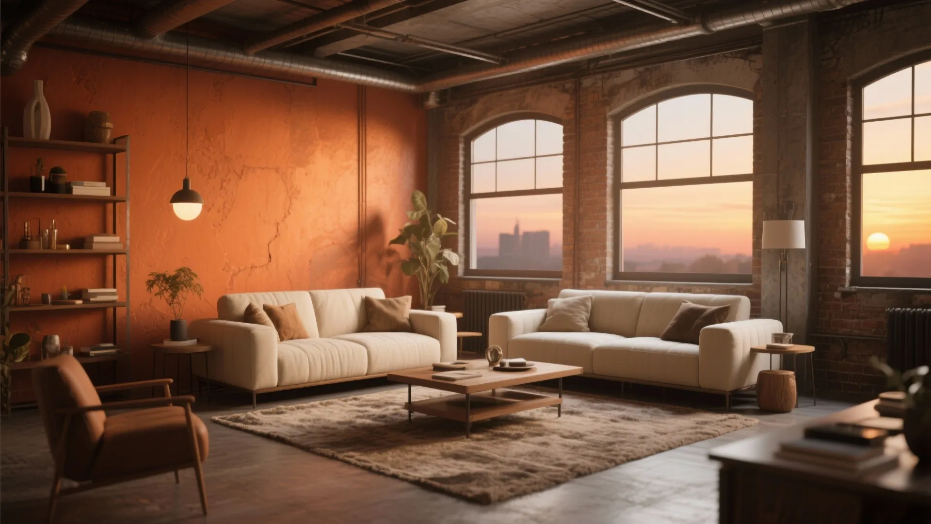 Loft with warm terracotta walls and cream furniture