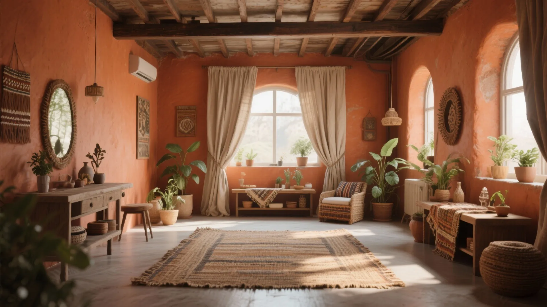 Warm orange living room with wood beam ceiling jute rug potted plants and arched windows
