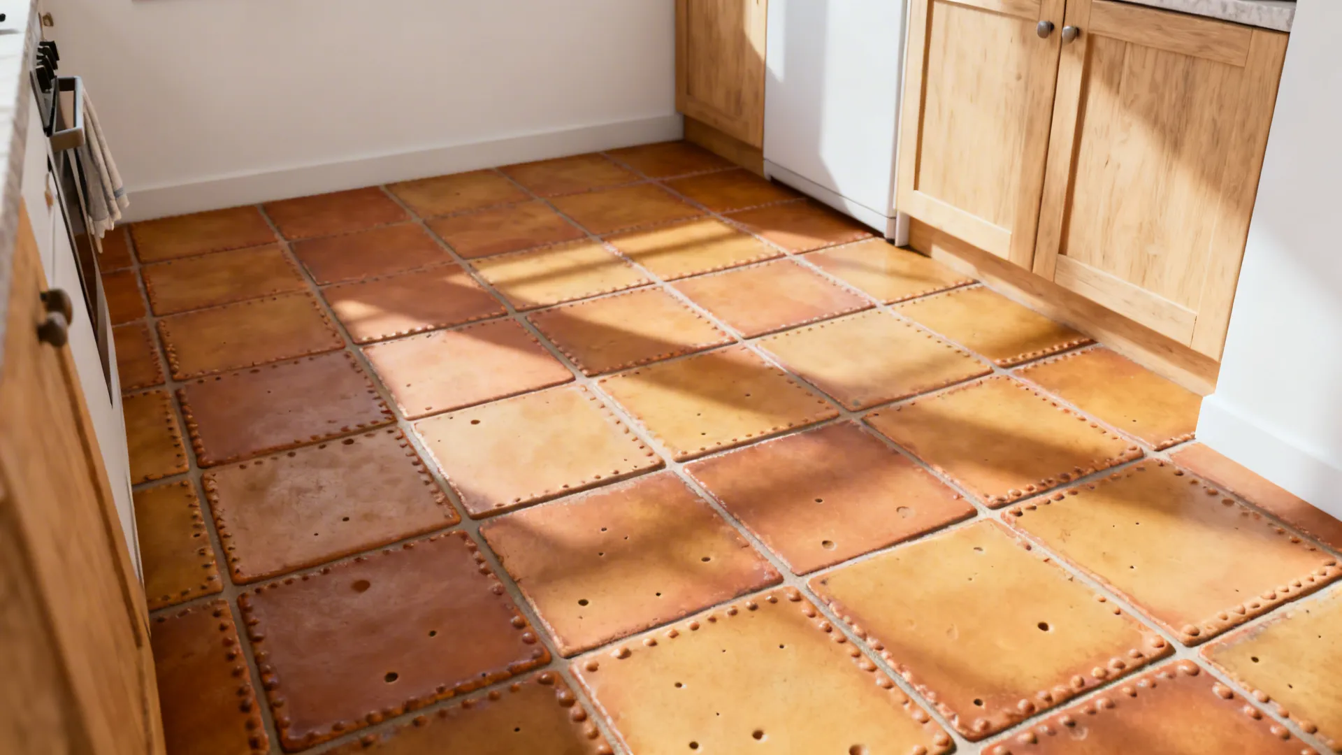 Terracotta-look ceramic tiles with subtle pitting add warmth to a compact modern kitchen.