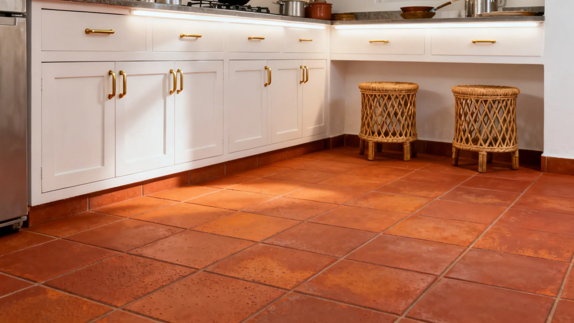 Kitchen area featuring white cabinets with gold handles and large red square floor tiles and stools