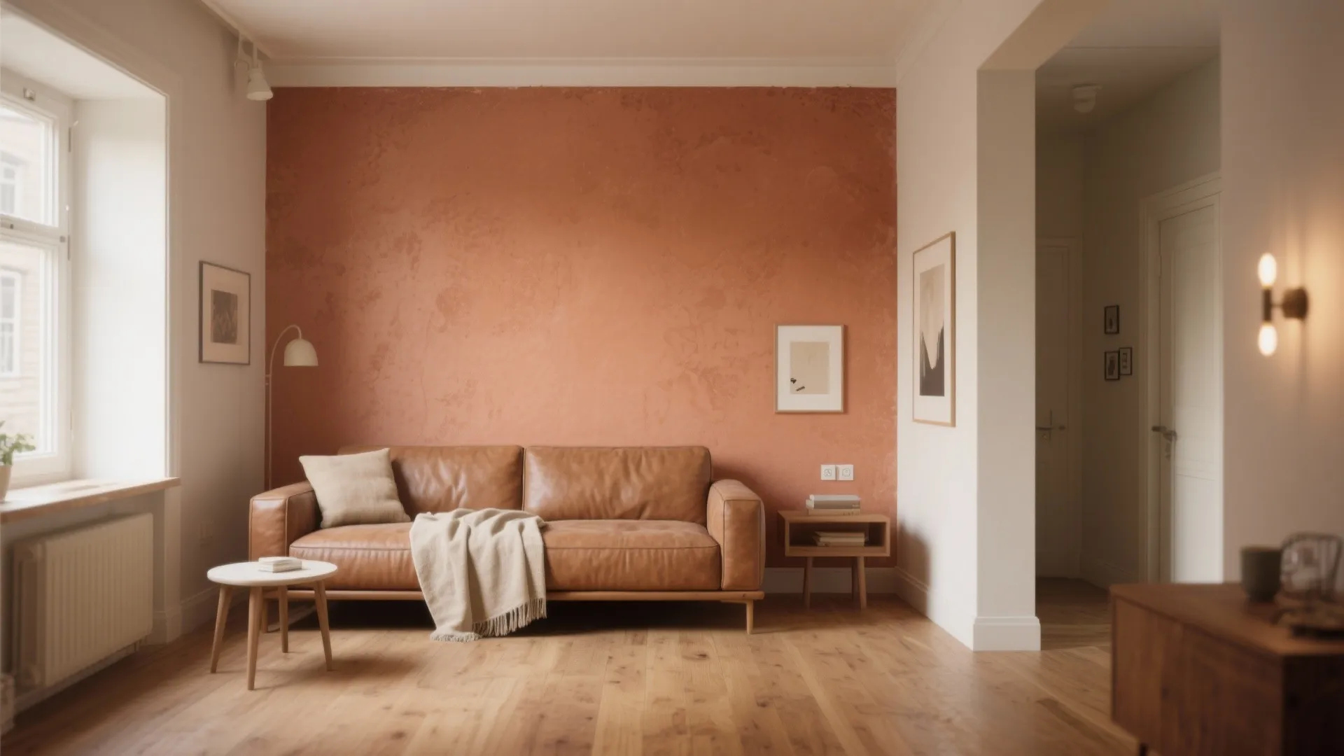 Modern living room featuring orange textured wall leather sofa wooden floor and small wooden table