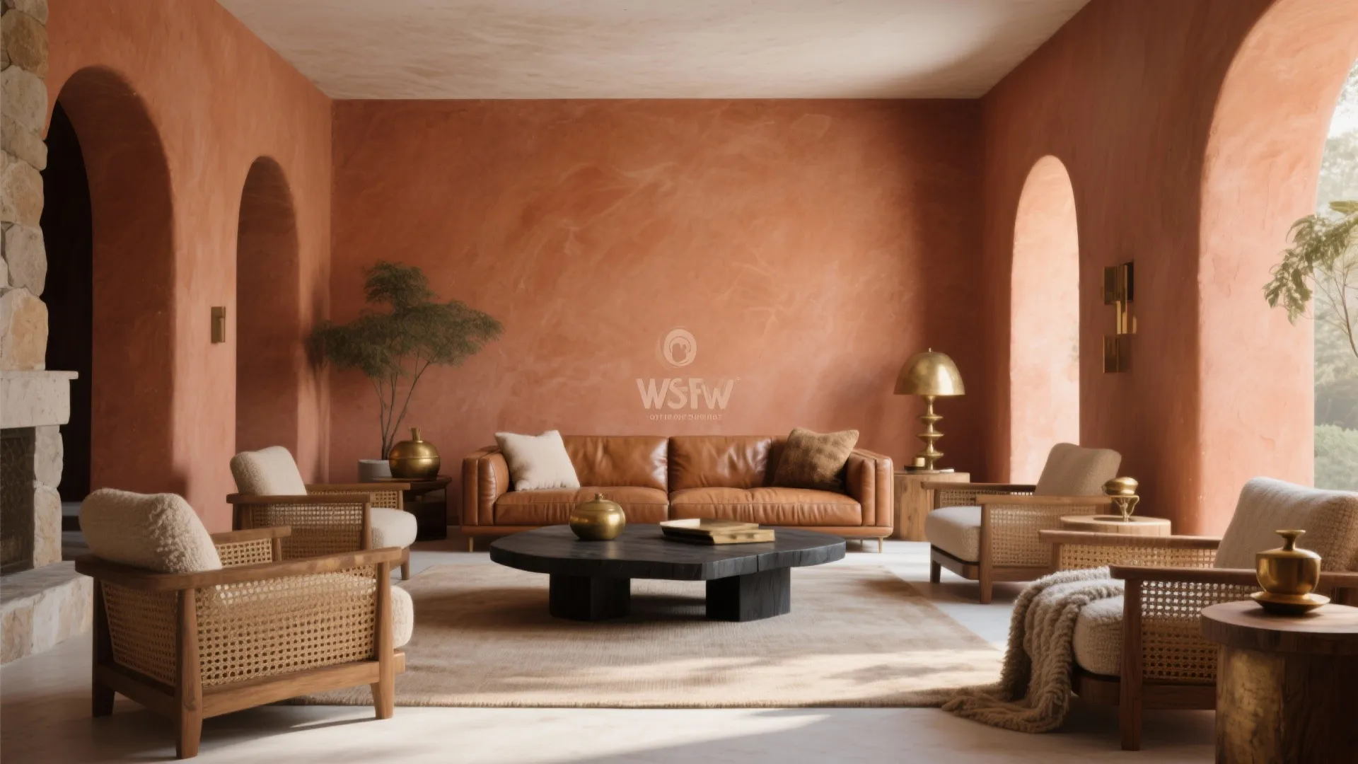 Earthy living room with terracotta walls leather sofa wooden chairs black coffee table and rug