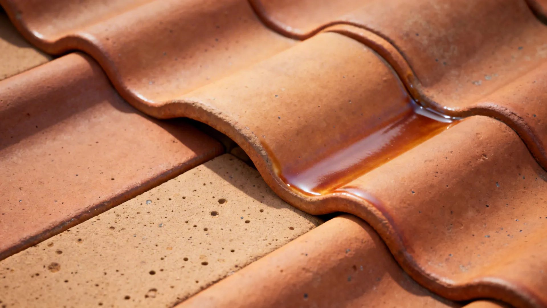 Macro of ridged terracotta tiles with warm glaze and natural variation.