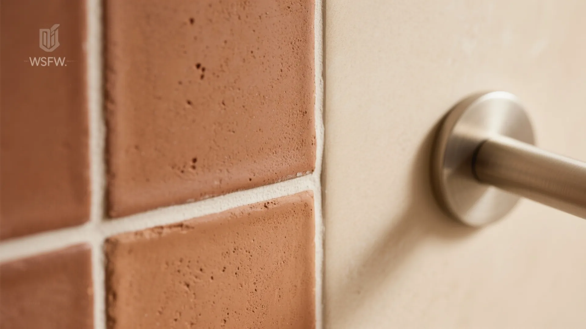 Macro of matte terracotta tile with sand-beige grout and brushed nickel detail under warm light.