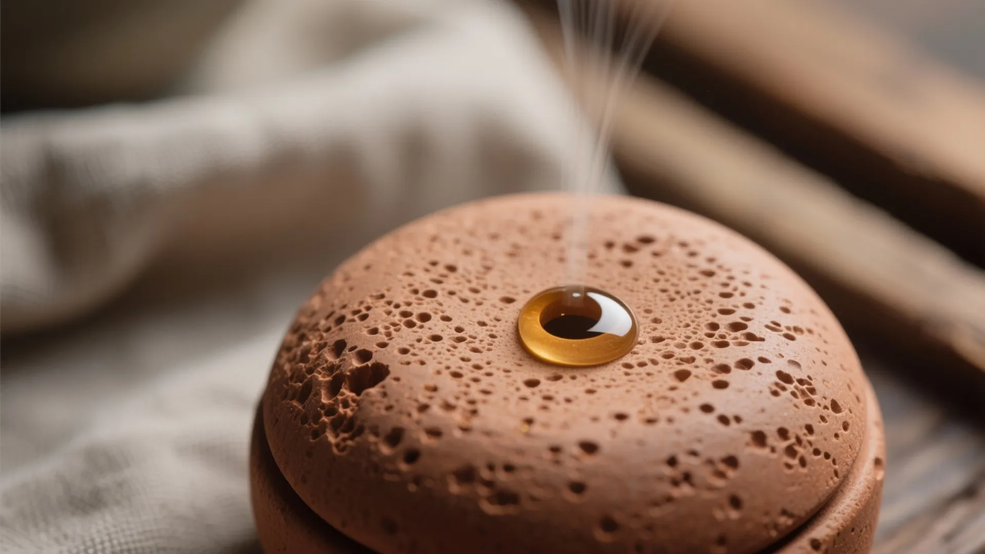 Macro of porous terracotta stone absorbing an essential oil drop.