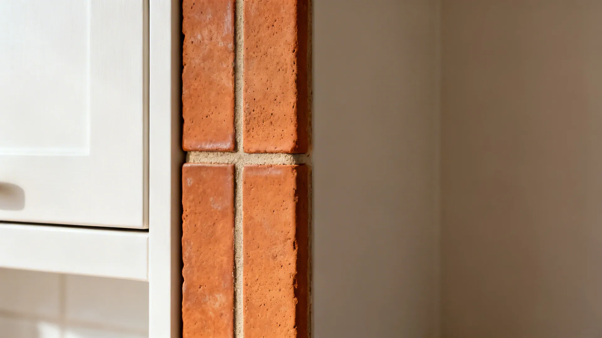 Macro of vertical terracotta brick tile next to a white cabinet panel.