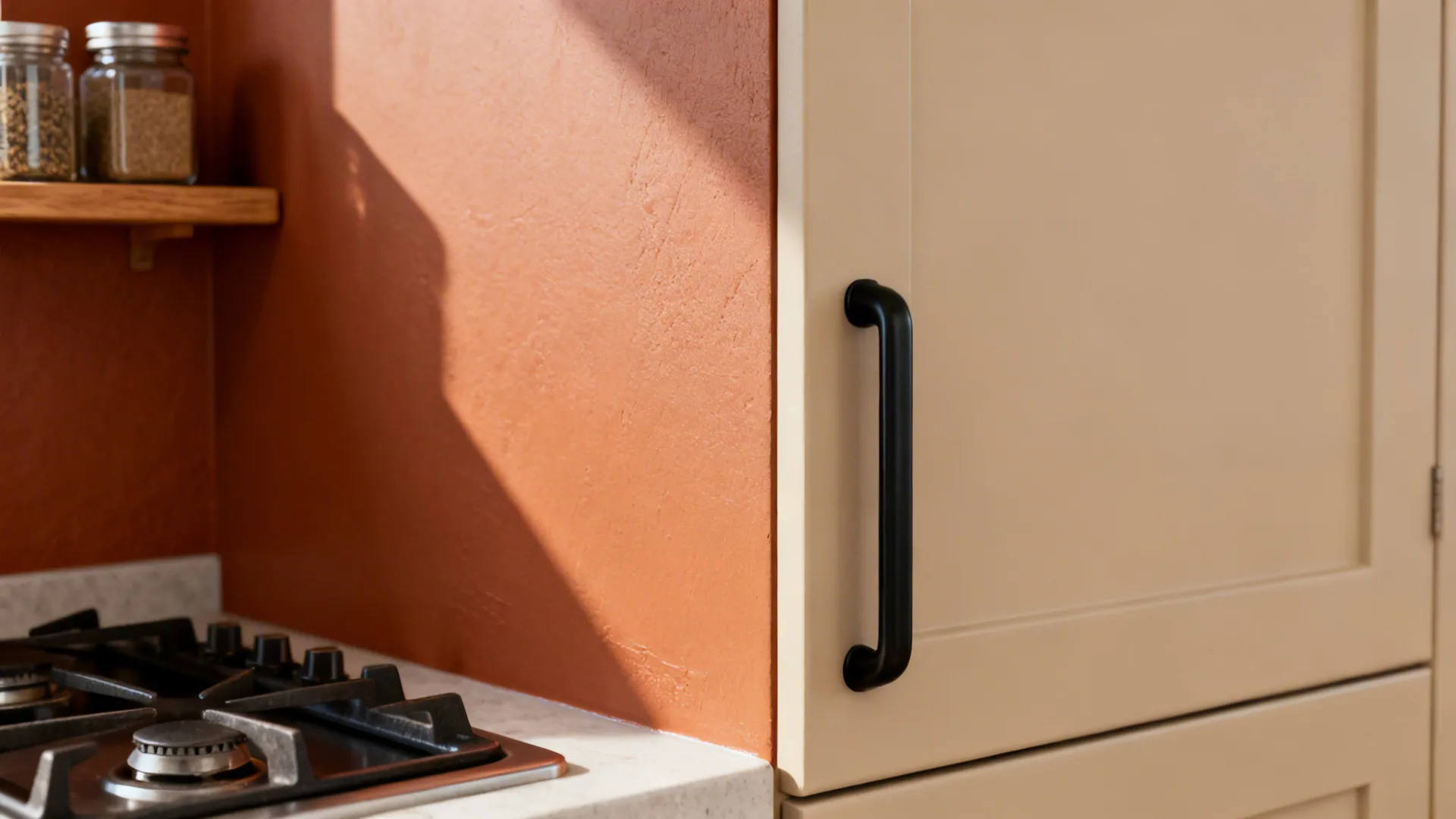 Macro detail of terracotta accent wall and matte black hardware in a warm neutral kitchen.