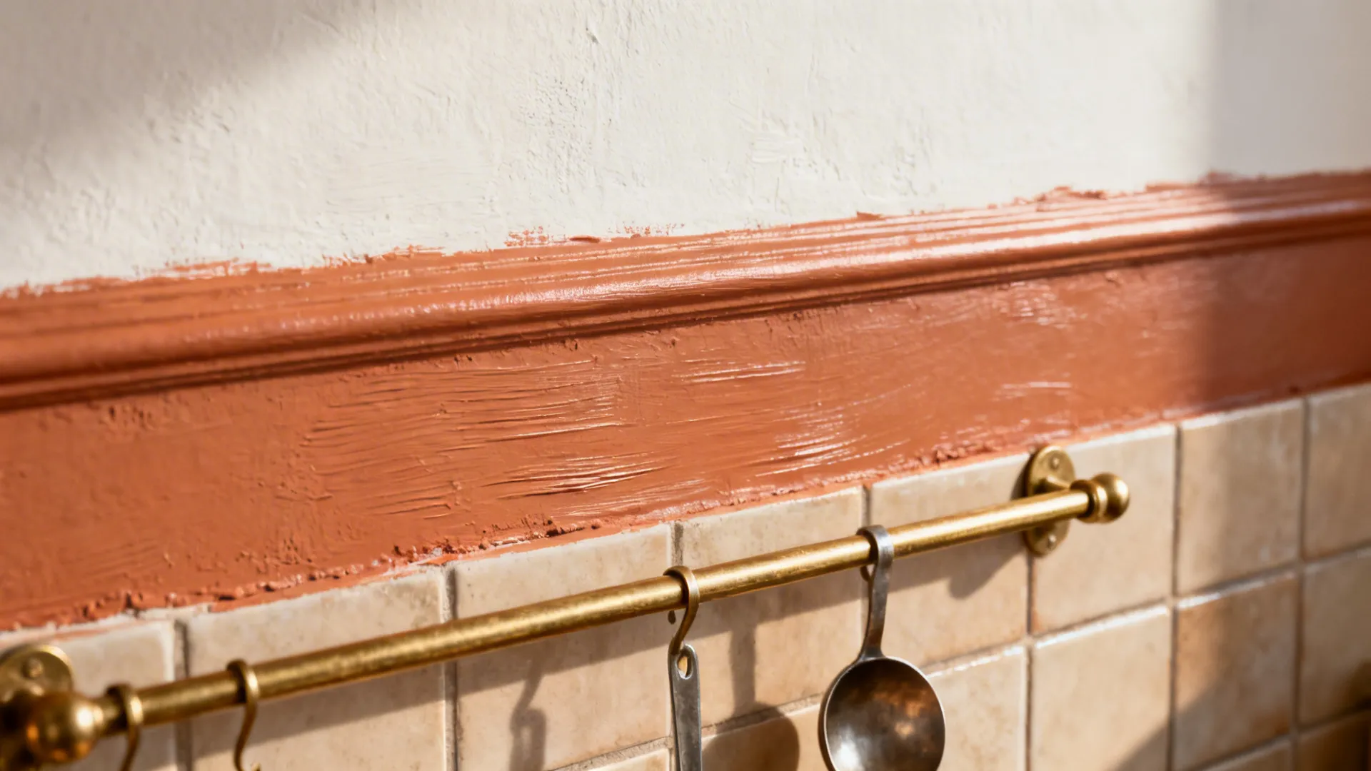 Close-up of terracotta accent paint meeting warm white wall above a backsplash with brass rail.