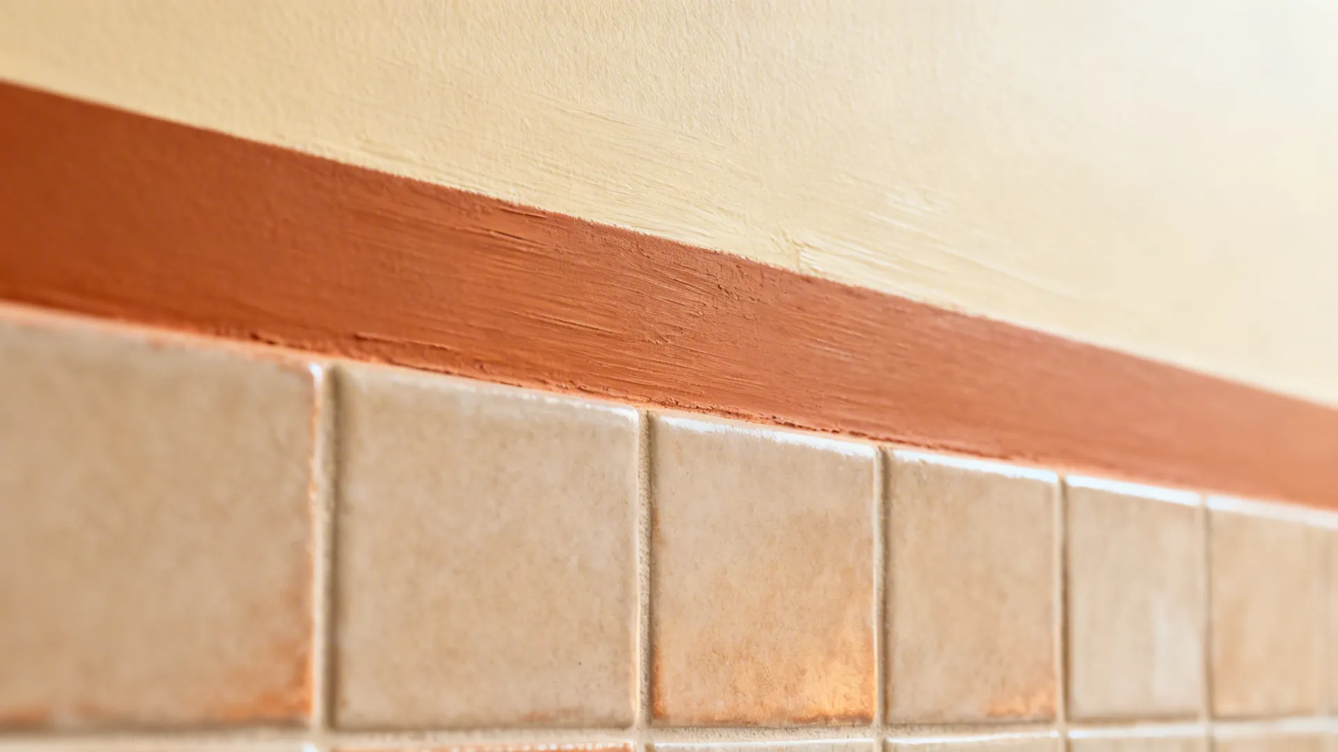 Close-up of a terracotta accent stripe meeting a cream wall above a backsplash.