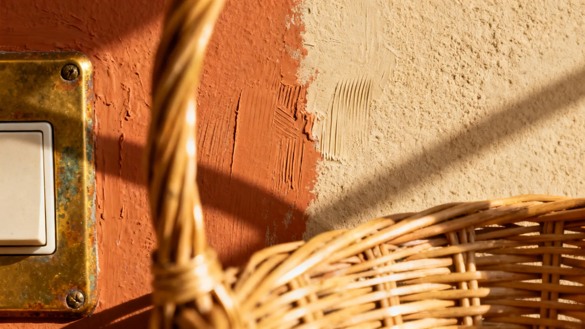 Macro of terracotta and sand paint junction with brass detail and woven texture.