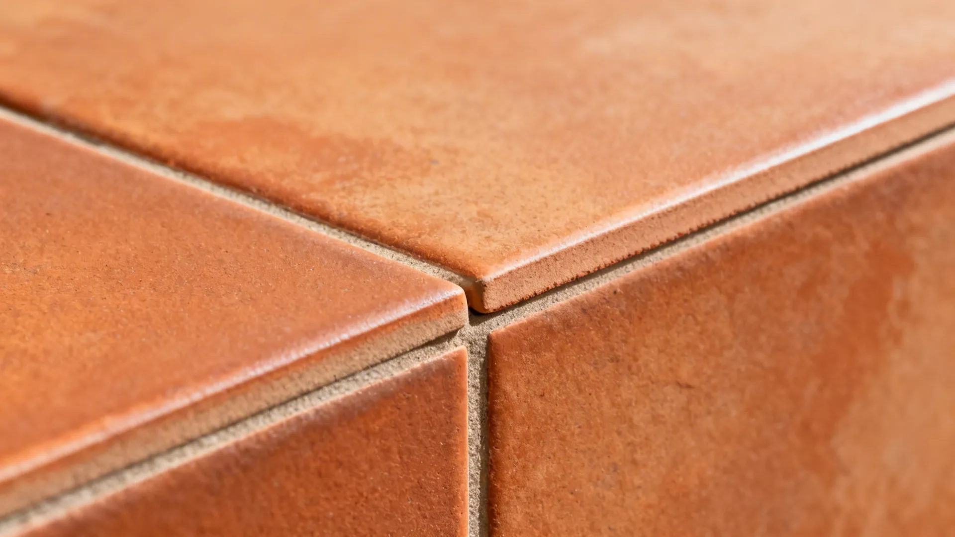 Macro of terracotta-look porcelain tile with matte texture and neat grout.